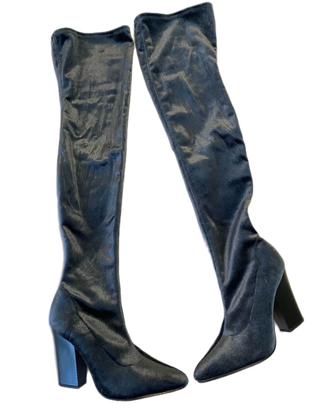 Zara Boots Over The Knee Size 9 Blue Velvet Pointed Toe Block Heel Pull On Party